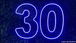 Neon blue number 30 displayed on a dark leafy background.