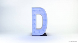 A 3D letter "D" with a light blue color and illuminated dots on a plain white background.