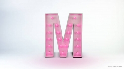 The image shows a 3D letter "M" with pink light bulbs on its surface against a light background.