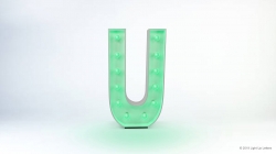 A green neon letter "U" with light bulbs, set against a white background.