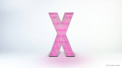 A large, illuminated letter "X" with pink lights stands against a white background.