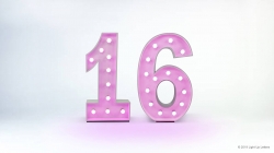 Pink illuminated number 16 on a white background.