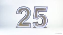 The number "25" in large, illuminated, silver outline on a plain white background.