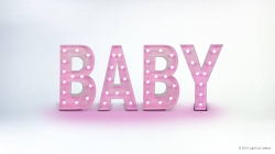 Text displaying "BABY" in large, pink letters with white lights on a white background.