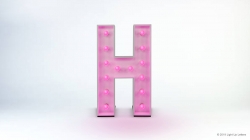 A luminescent pink letter "H" stands against a plain white background.