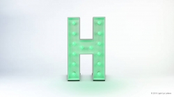A large, illuminated letter "H" with glowing green bulbs against a plain background.