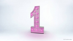 A pink marquee-style number one with light bulbs against a plain white background.