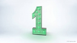 A 3D metallic number one with green bulbs on a plain white background.
