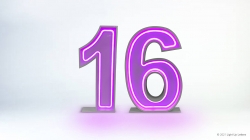 The image shows the number 16 in large, glowing purple digits against a white background.