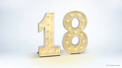 Illuminated marquee numbers "18" with bulbs against a plain white background.
