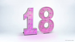 Illuminated pink number "18" against a plain white background.