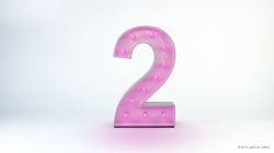 A large, illuminated pink number 2 stands against a white background.