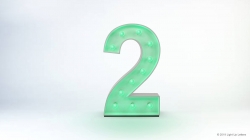 A large, illuminated number 2 with a green glow on a white background.