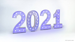Illuminated numbers forming "2021" against a white background.