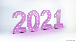 Illuminated pink numbers displaying "2021" against a white background.