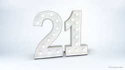 Illuminated marquee numbers displaying "21" against a plain background.