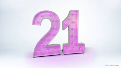 Illuminated number "21" with pink lights against a plain background.