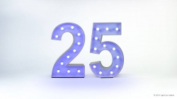 Illuminated number "25" with small lights against a plain background.