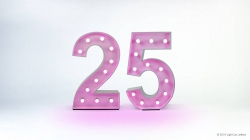 Pink and white illuminated number "25" on a simple white background.
