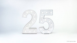 A lit marquee-style number 25 against a plain white background.