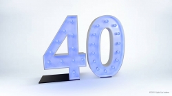 Illuminated number "40" with lightbulbs on a plain white background.