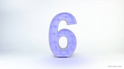 A lighted number six with a white border and glowing purple interior, displayed against a plain white background.