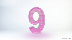 A pink translucent number nine with embedded lights, set against a gradient white background.
