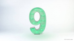 Illuminated green marquee number nine on a white background.