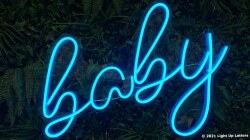 Neon sign with the word "baby" in blue cursive on a backdrop of green foliage.