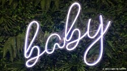Neon sign with the word "baby" in cursive, mounted on a leafy green background.