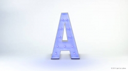 A metallic letter "A" with round light bulbs is illuminated on a light background.