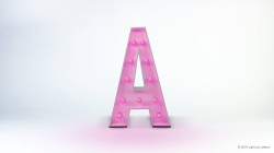 A pink marquee letter "A" with light bulbs, standing against a white background.