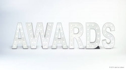Large white letters spell "AWARDS" with lightbulbs embedded in each letter against a plain background.