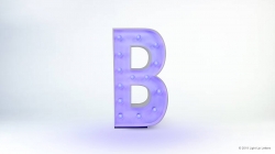 The image shows a large, illuminated letter "B" with small round lights, set against a white background.