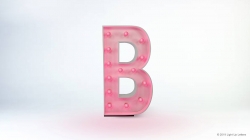 A metallic pink letter "B" with round lights, set against a white background.