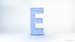 A large, illuminated letter "E" with a blue glow stands against a plain white background.