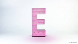 A large letter "E" illuminated with pink lights against a white background.