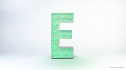 A large, illuminated letter "E" with green lights on a plain white background.