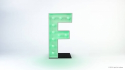 A freestanding letter "F" with glowing green lights on a black base, set against a plain white background.