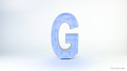 A large marquee-style letter "G" with illuminated blue lights against a plain white background.