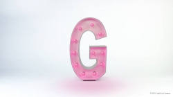 A large, pink letter "G" with bulb lights on a white background.