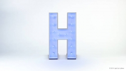 A large blue letter "H" with lights on a white background.