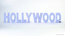 Large letters spell "HOLLYWOOD" with light bulbs on a white background.