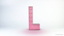 The image shows a large, upright letter "L" with pink, illuminated bulbs on a plain white background.