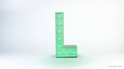 A large, green marquee letter "L" with light bulbs, standing on a light background.