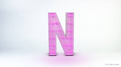 A pink, illuminated letter 'N' with small lights, set against a light gradient background.