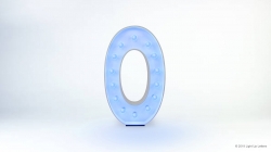 A large, illuminated letter "O" with a blue light and bulb-like features stands against a plain white background.