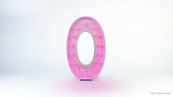 A large, pink, illuminated marquee-style number zero stands upright against a light background.