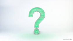 A glowing green question mark is centered on a white background.