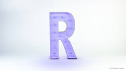 A large, illuminated letter "R" standing against a plain white background.